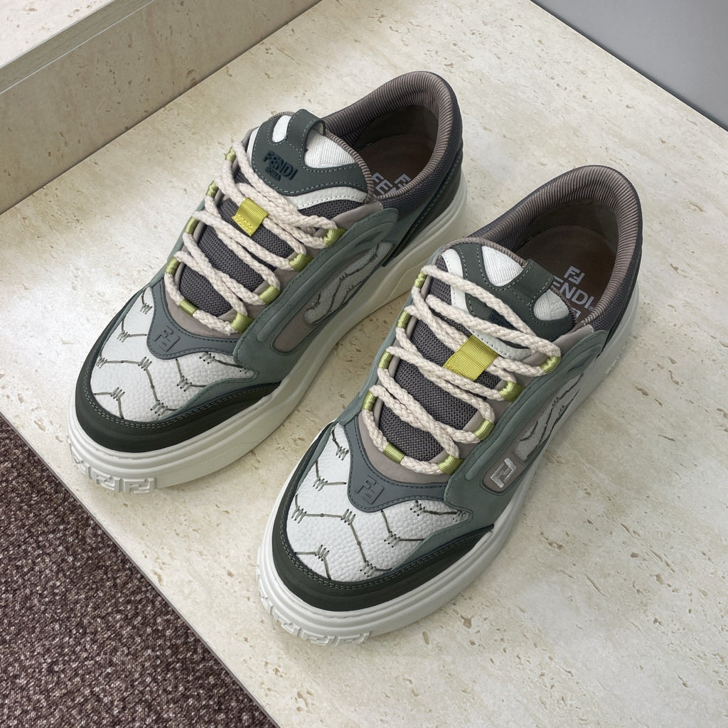 Fendi unisex sneakers, olive-green panels with white laces and lime-green accents