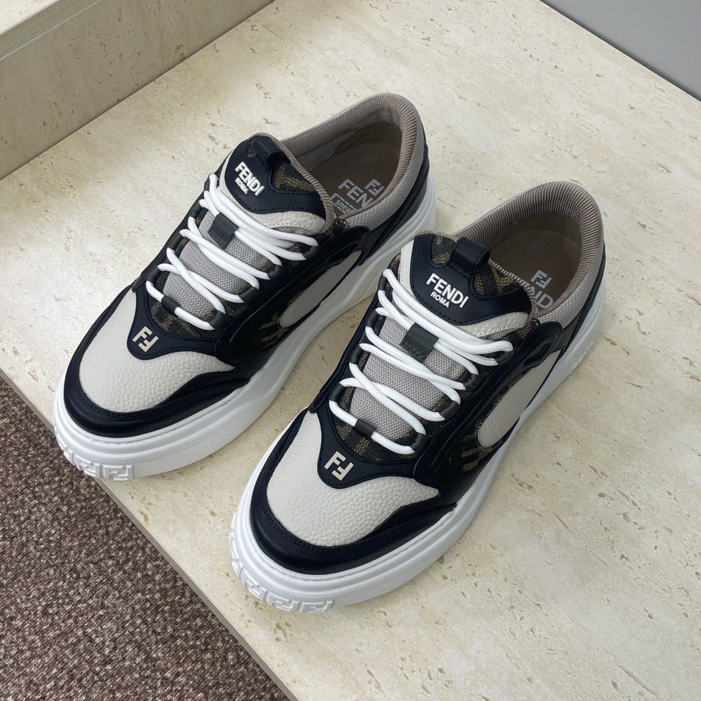 Fendi unisex sneakers, navy and off-white, with white laces and thick white sole