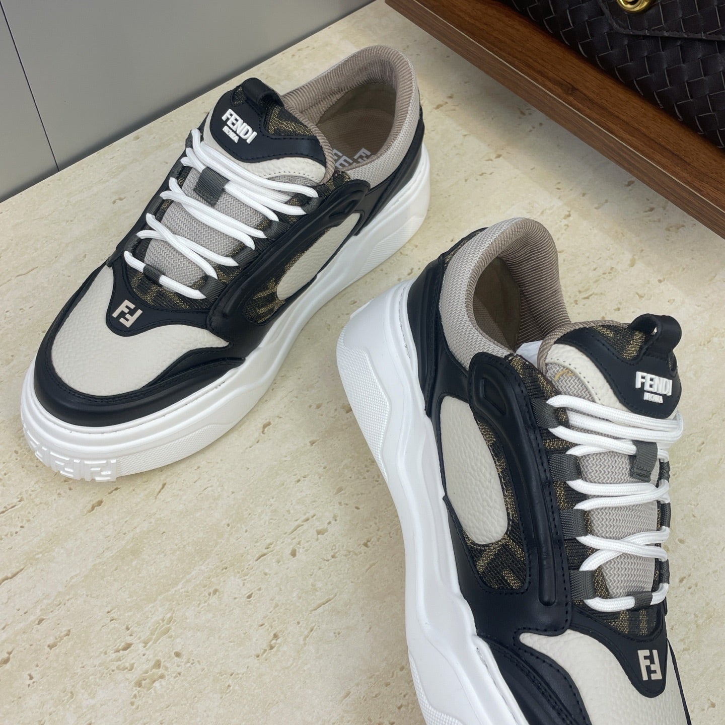 Fendi unisex sneakers, navy and off-white, lace-up design with padded collar