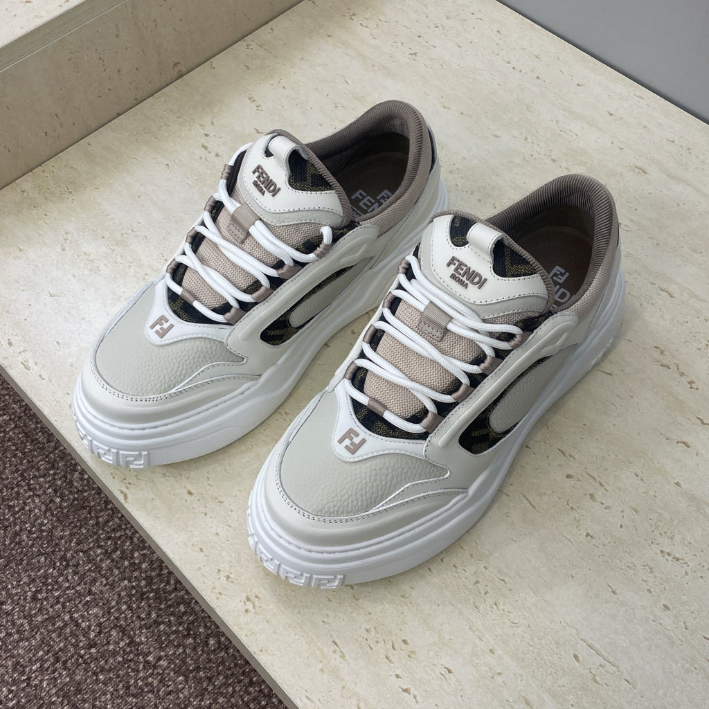Fendi unisex sneakers, white leather look with dark side panel, lace-up design and chunky sole.