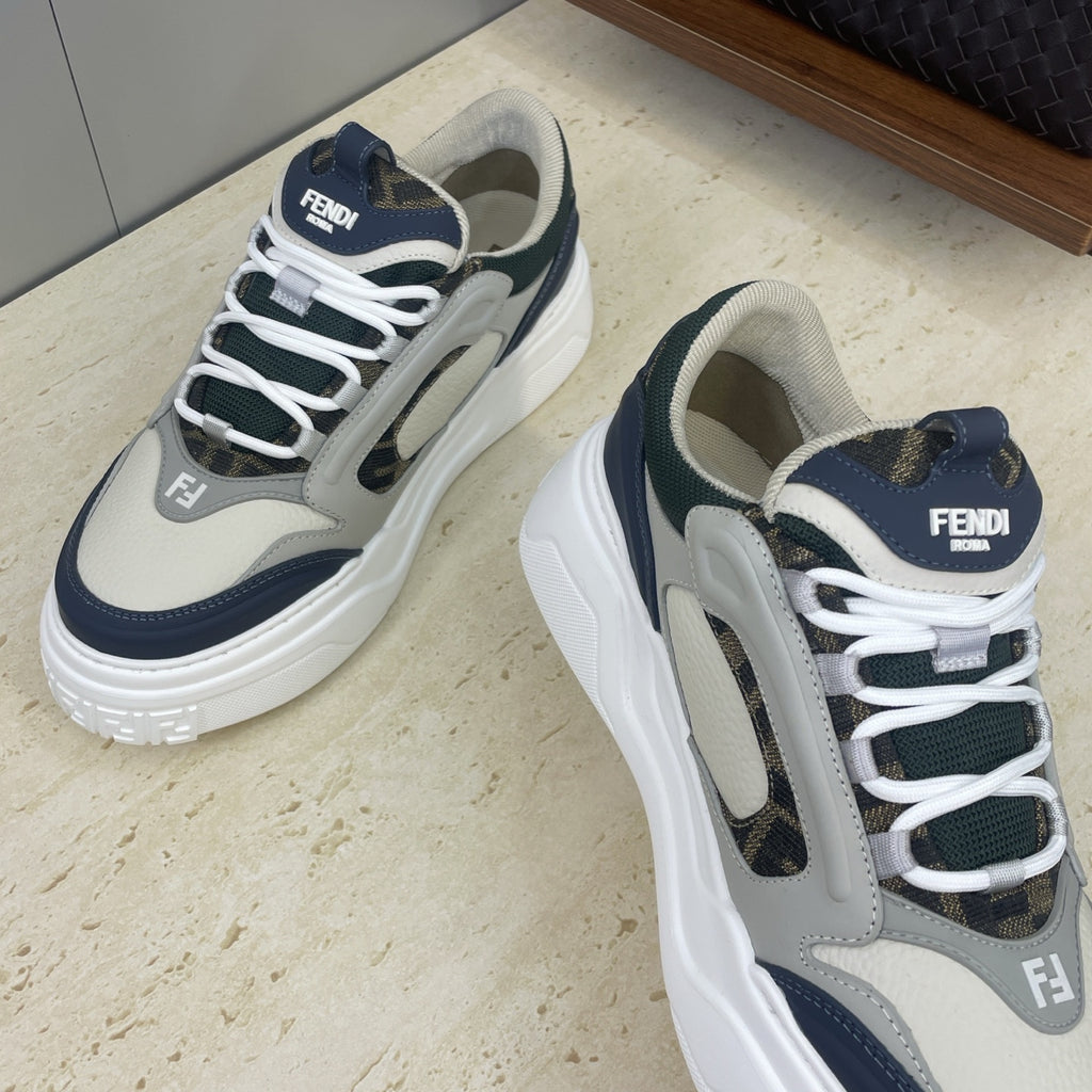 Fendi unisex sneakers front view: light gray leather with navy toe guard and laces