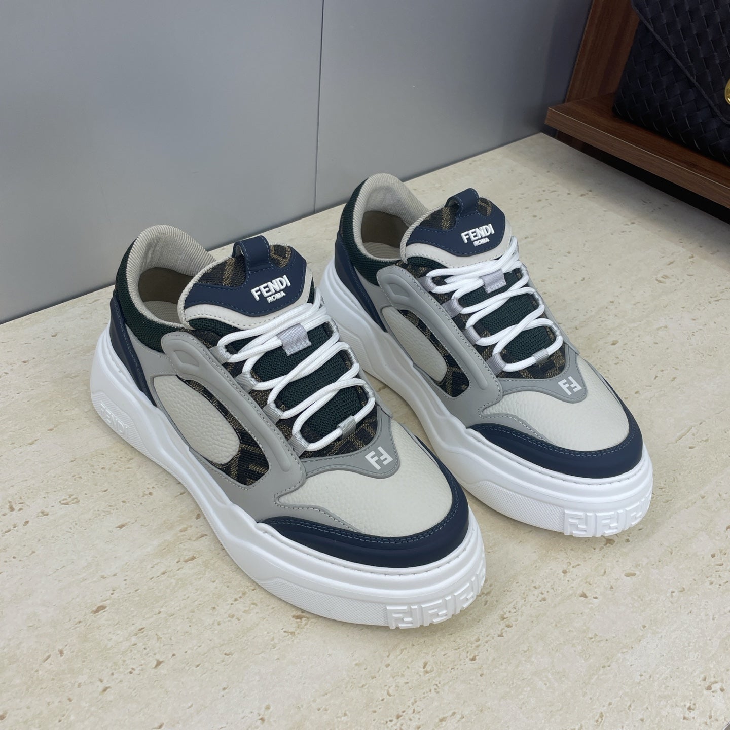 Fendi unisex sneakers, light gray uppers with navy accents and white rubber soles