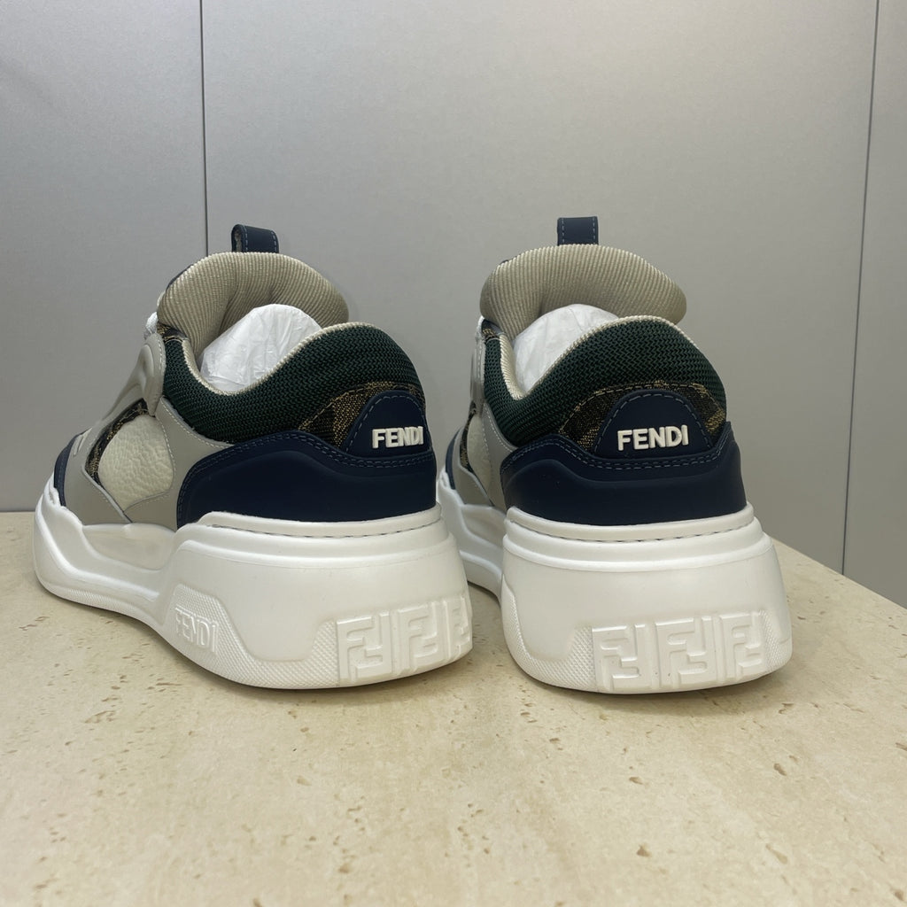 Fendi unisex sneakers heel view with FENDI branding, navy heel tabs, white sole