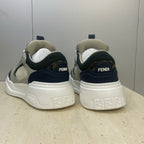 Fendi unisex sneakers heel view with FENDI branding, navy heel tabs, white sole