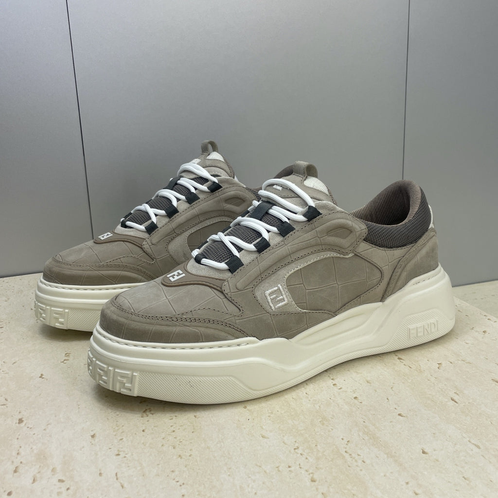 Fendi unisex sneakers, sand-taupe leather, white laces, chunky sole with logo