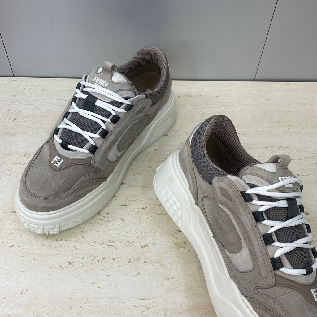 Fendi unisex sneakers, gray-taupe leather, white laces, side panel and F logo