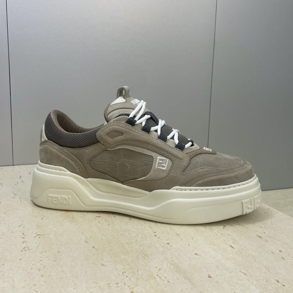 Fendi unisex sneakers, sand-taupe leather, white laces, side emblem and platform sole