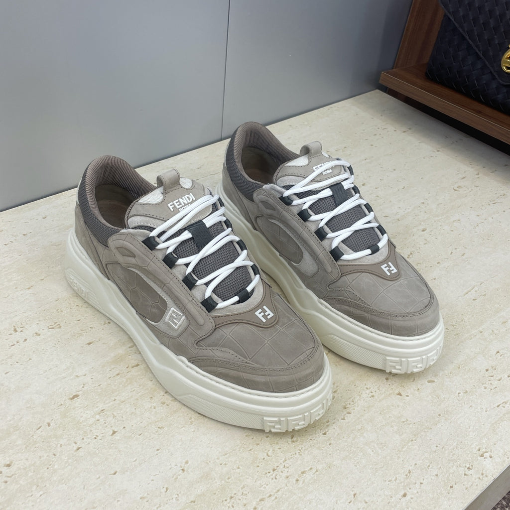 Fendi unisex sneakers, gray-taupe leather, white laces, low-profile platform sole
