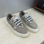 Fendi unisex sneakers, gray-taupe leather, white laces, low-profile platform sole
