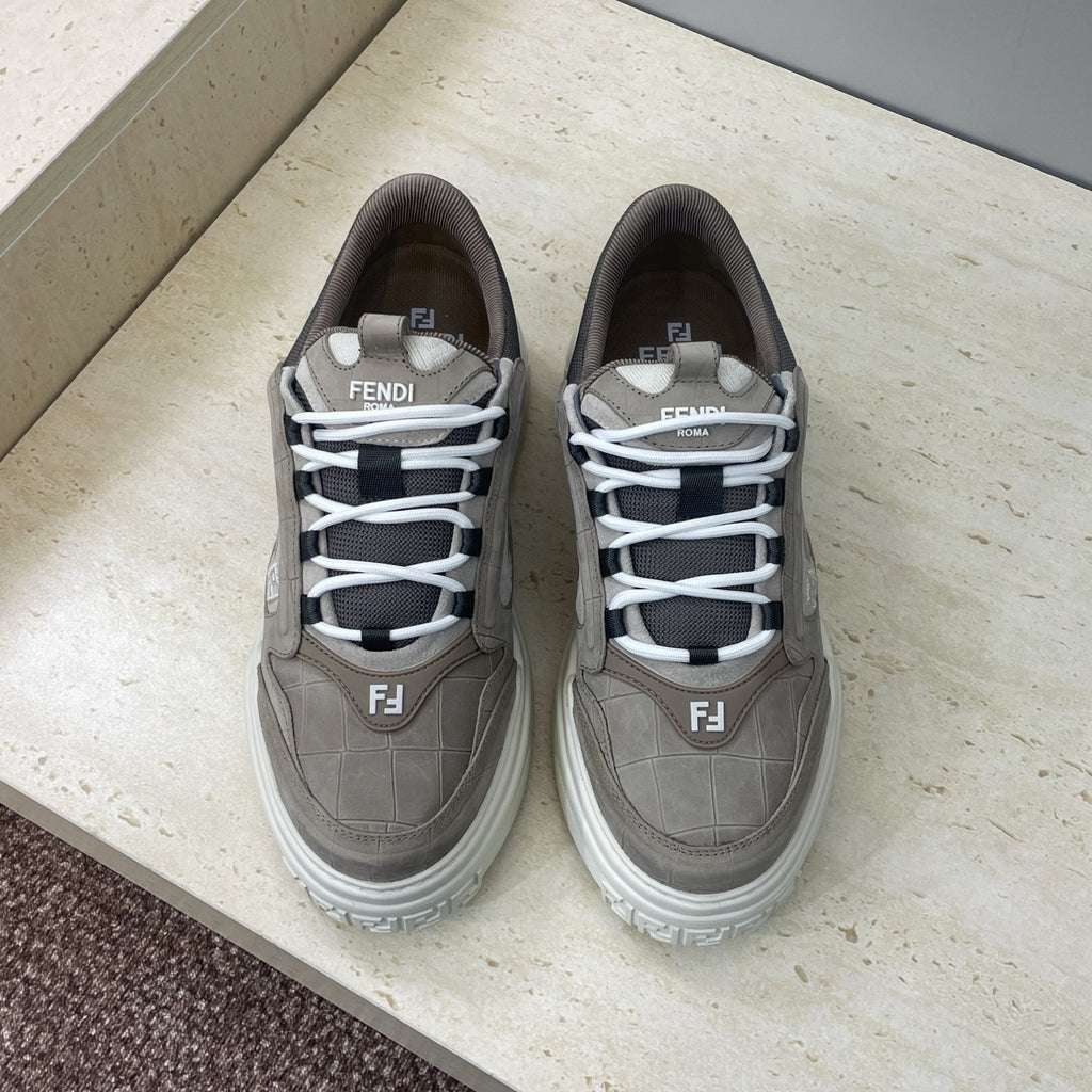 Fendi unisex sneakers, gray-taupe leather, white laces, F logo on side panels