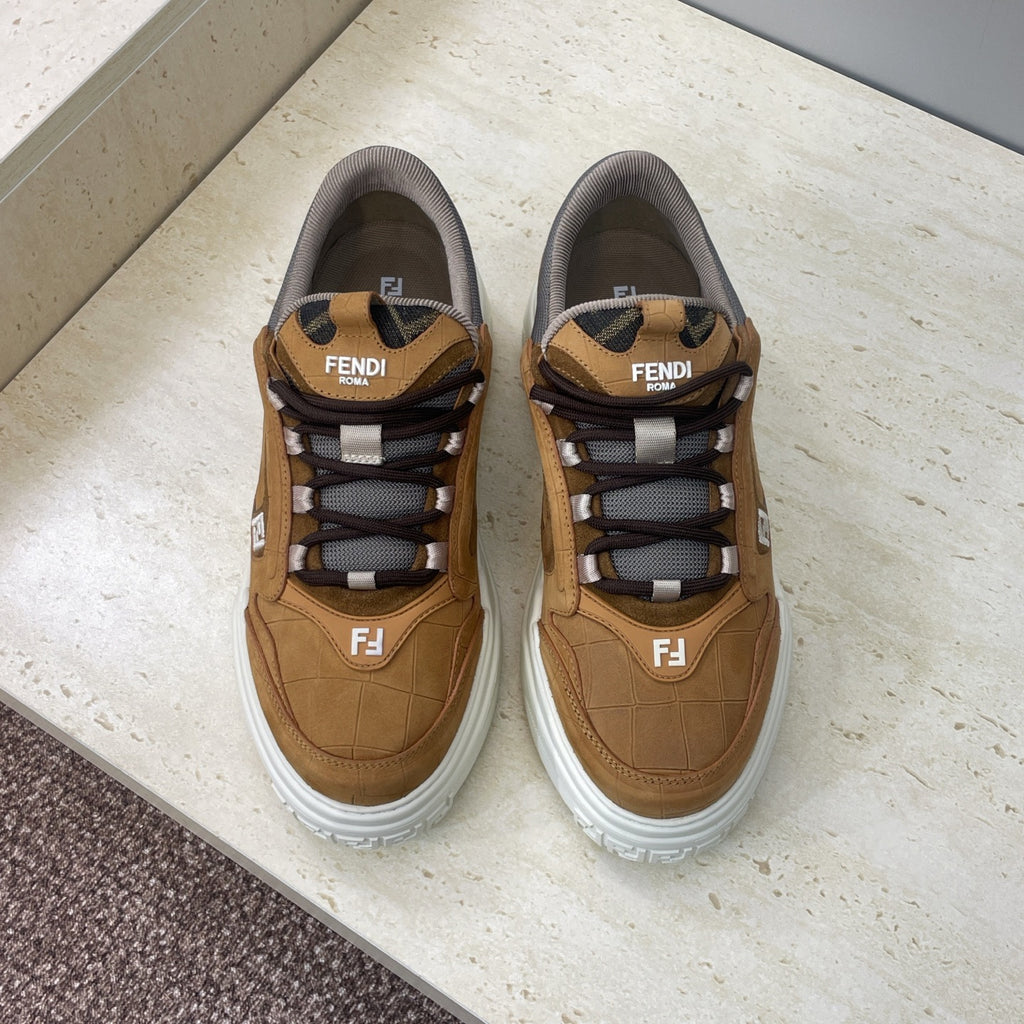 Fendi unisex sneakers in tan with gray collar, black-and-white laces, white rubber sole