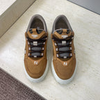 Fendi unisex sneakers in tan with gray collar, black-and-white laces, white rubber sole