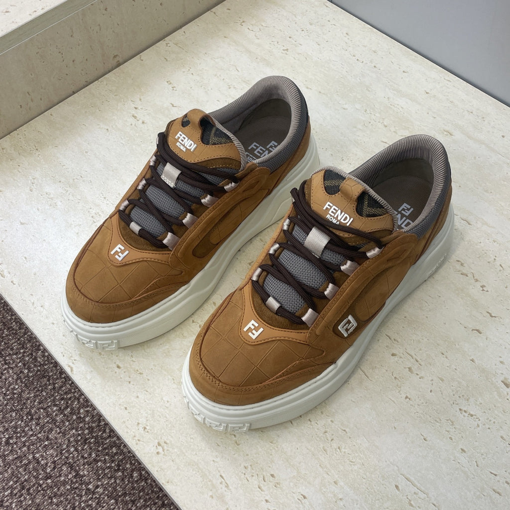 Tan Fendi unisex sneakers with gray lining, striped black-and-white lace details