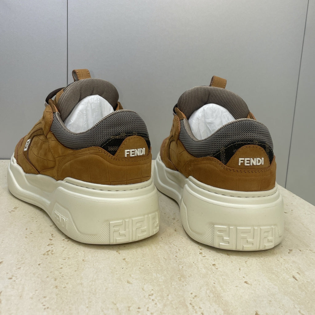 Back view of tan Fendi unisex sneakers with gray heel collar and white soles