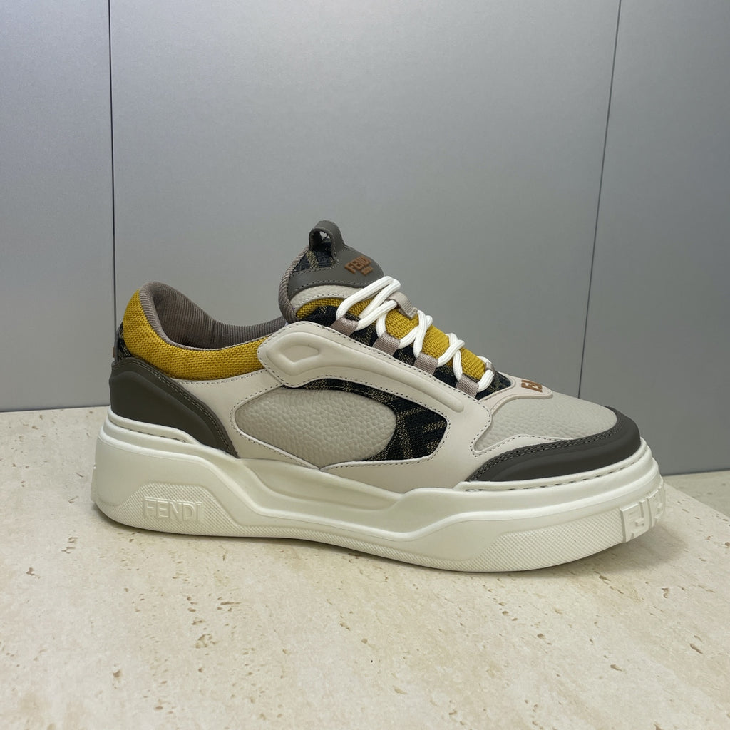 Fendi unisex sneakers, white sole and upper with dark gray side panel, yellow collar accent