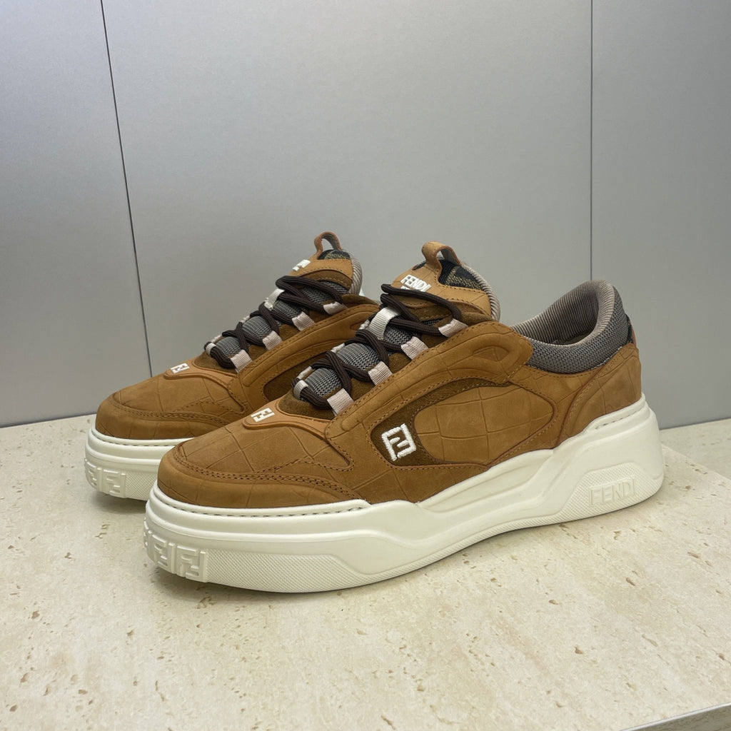 Fendi unisex sneakers in tan with gray accents and thick white platform sole