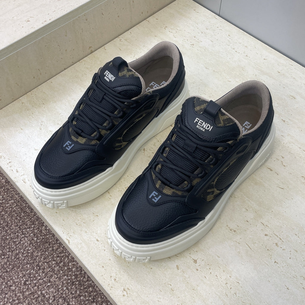 Fendi unisex sneakers with lace-up front in dark navy, patterned logo panels