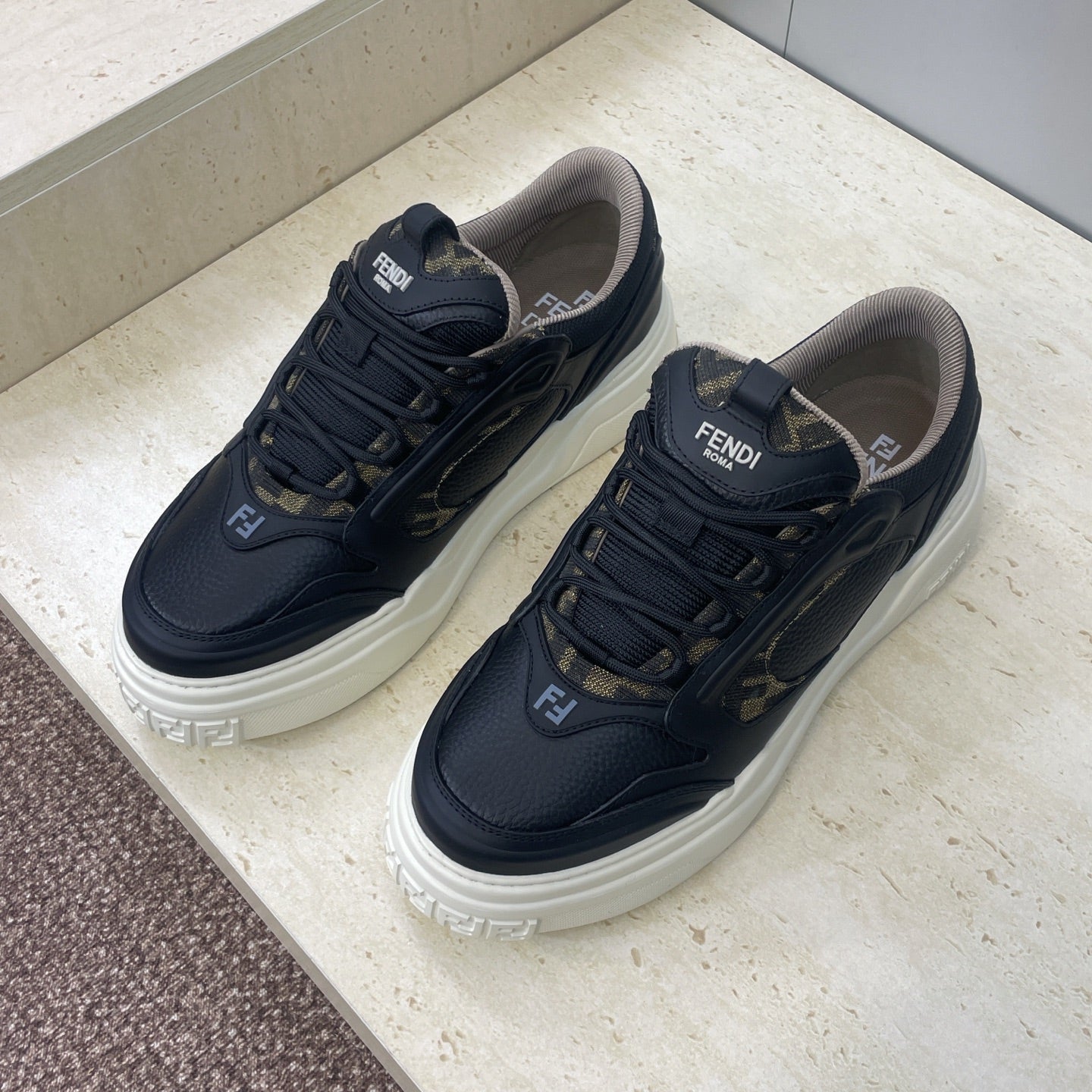 Fendi unisex sneakers with lace-up front in dark navy, patterned logo panels