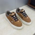 Fendi unisex low-top sneakers, tan leather with gray mesh collar and white platform sole