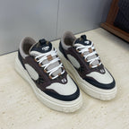 Unisex sneakers, white panels with dark brown uppers and navy trim