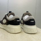 Unisex sneakers back view, beige heel with Fendi logo and dark upper