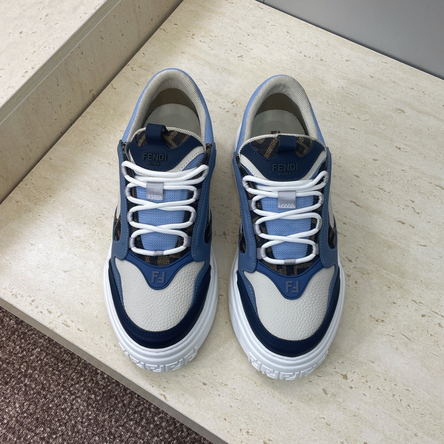 Fendi unisex sneakers, navy and light blue panels, white laces and chunky sole