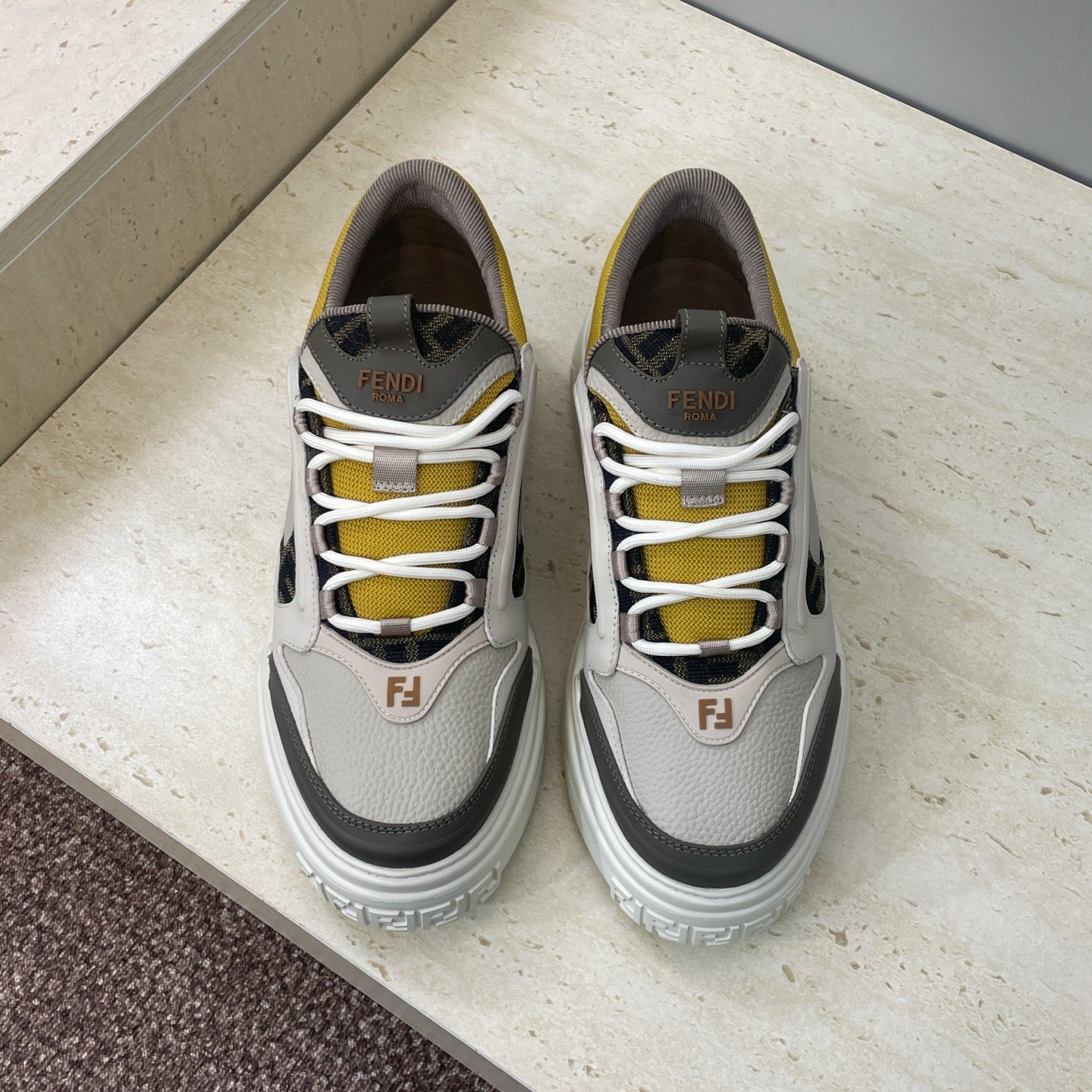 Fendi unisex sneakers, light gray with white laces and yellow accents, black details