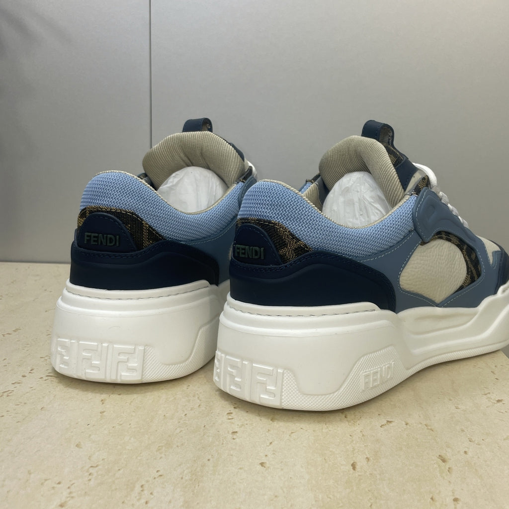 Fendi unisex sneakers back view, navy heel with Fendi branding, light blue collar