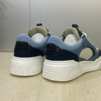 Fendi unisex sneakers back view, navy heel with Fendi branding, light blue collar