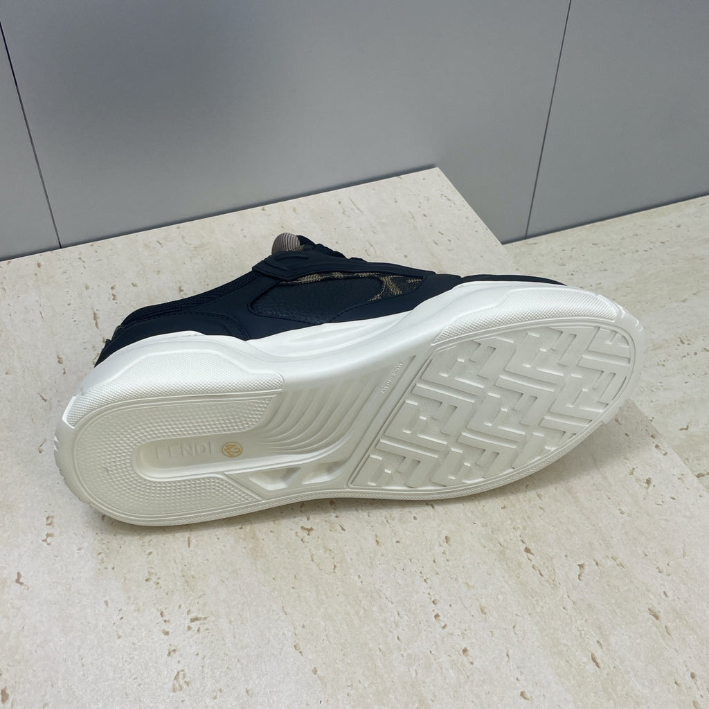 Fendi unisex sneakers outsole view, treaded white rubber sole and navy upper