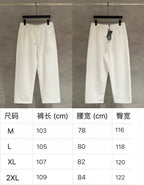 White cropped pants size chart showing waist and hip measurements for M-2XL