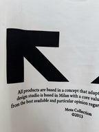 Off-White white T-shirt fabric with black arrow graphic and text, close-up