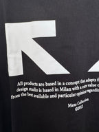 Off-White black T-shirt fabric with white text and arrow graphic