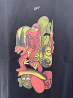 Black T-shirt with large colorful cartoon character graphic on front
