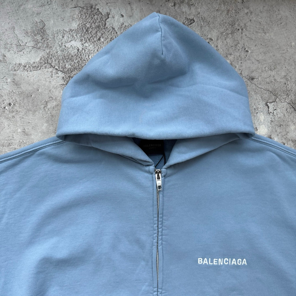 Balenciaga light blue zip-up hoodie hood and center front zipper