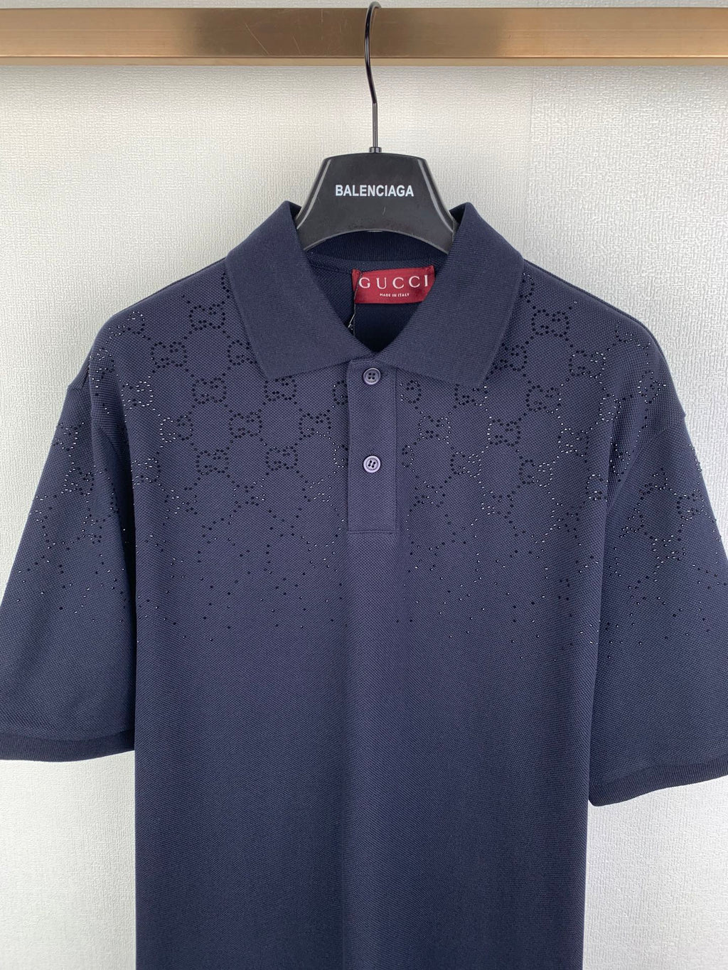 Navy polo shirt with GG pattern, short sleeves, front button placket