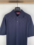 Navy polo shirt with GG pattern, short sleeves, front button placket