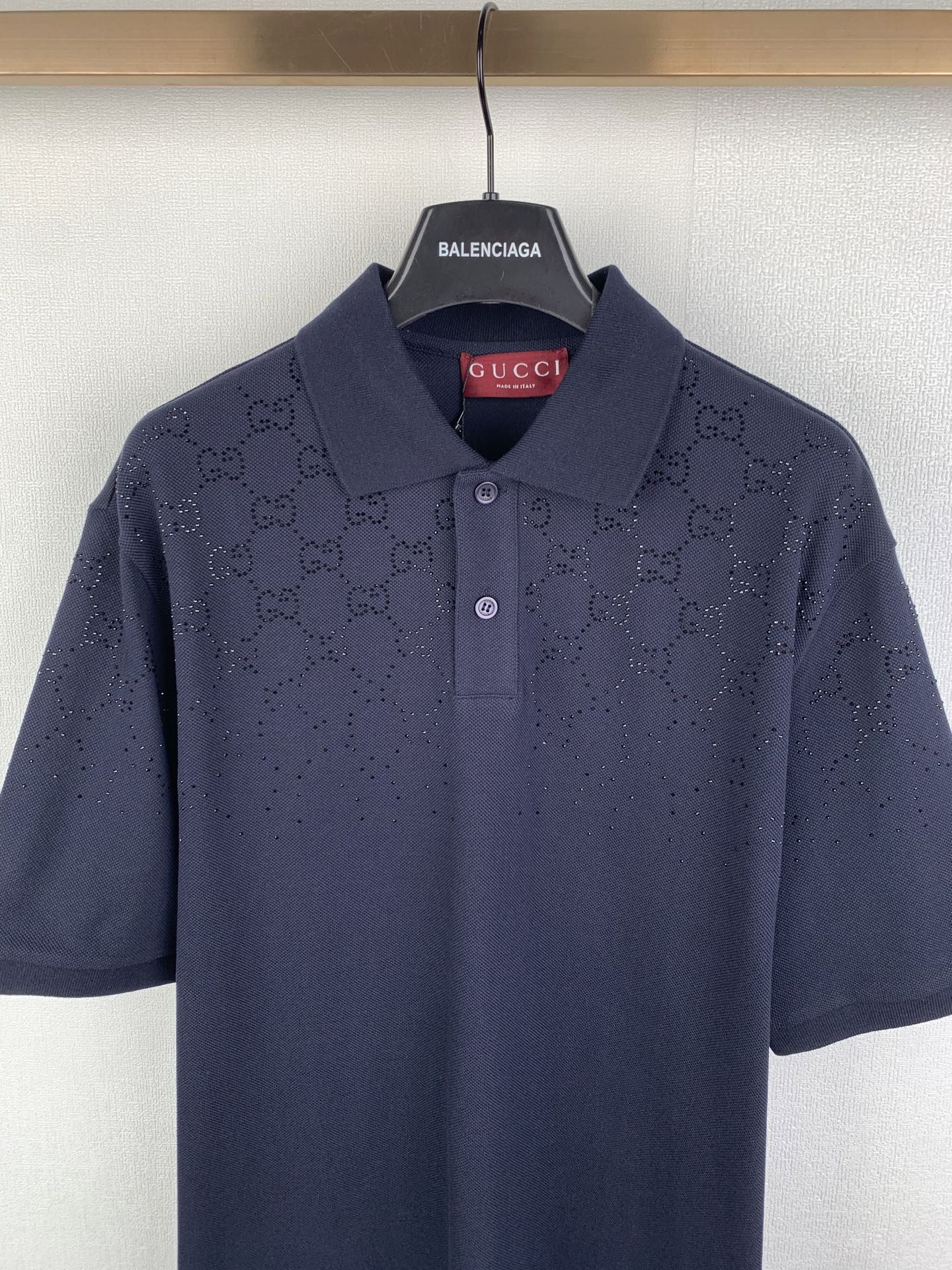 Navy polo shirt with GG pattern, short sleeves, front button placket