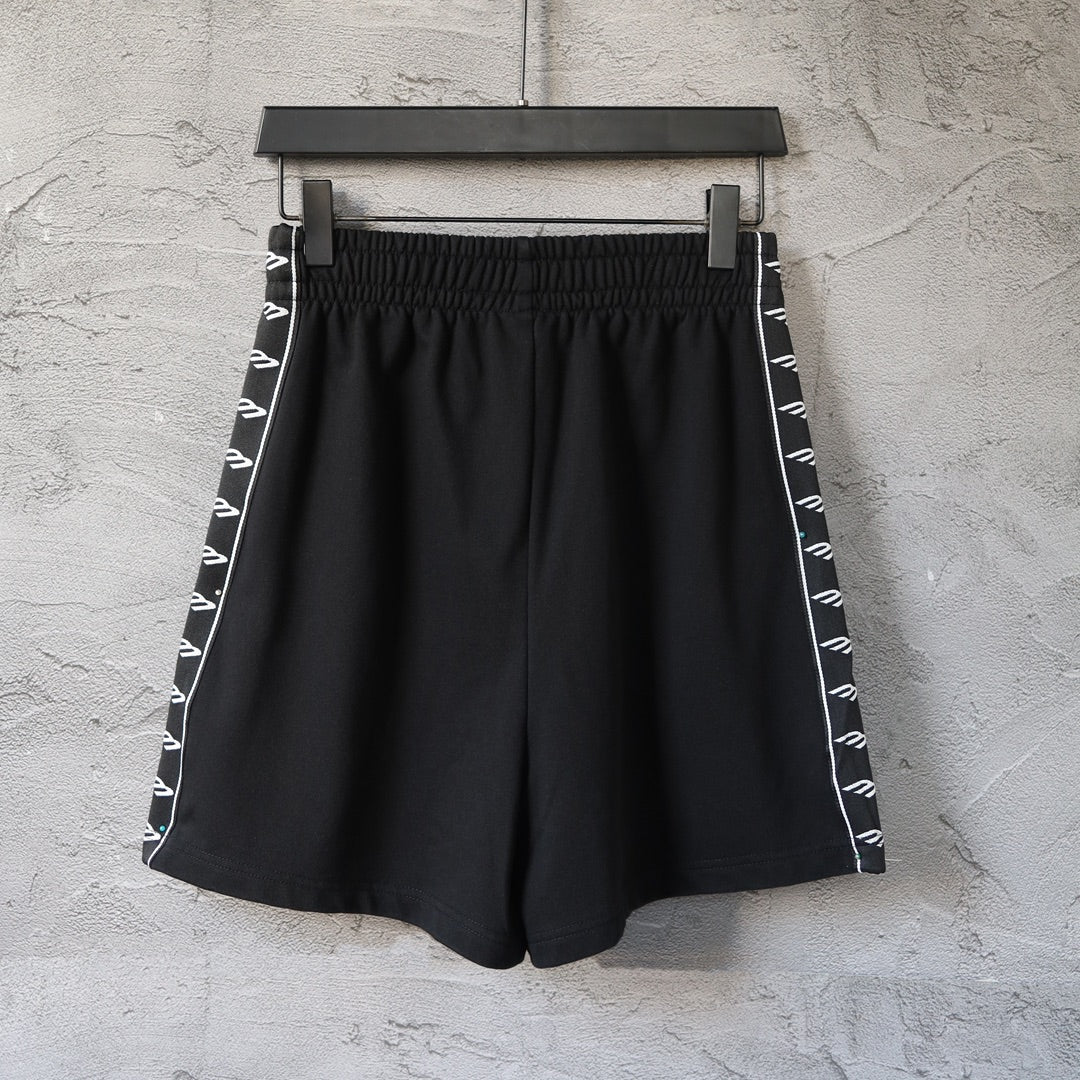 Balenciaga black shorts with elastic waistband and logo side stripe bands