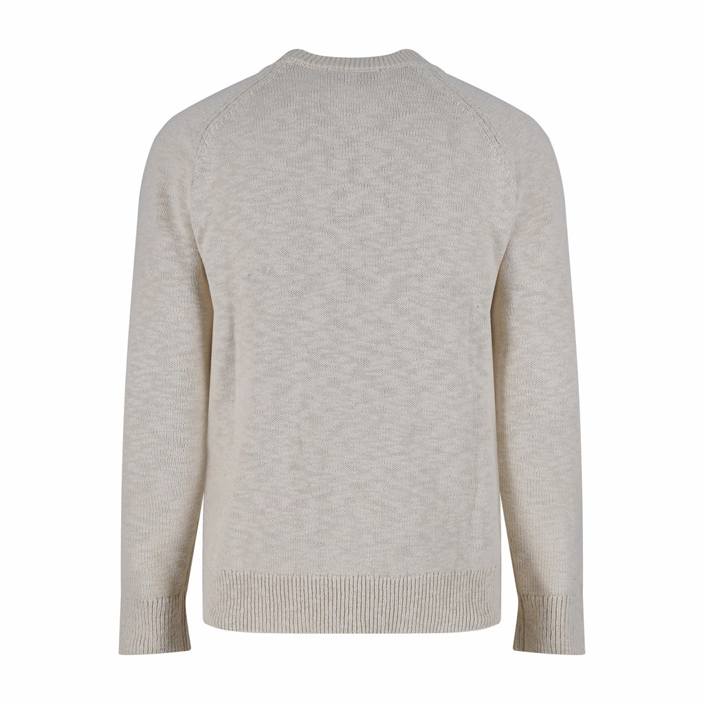 Back view of knit sweater in light beige, crew neck, long sleeves