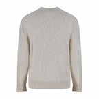Back view of knit sweater in light beige, crew neck, long sleeves