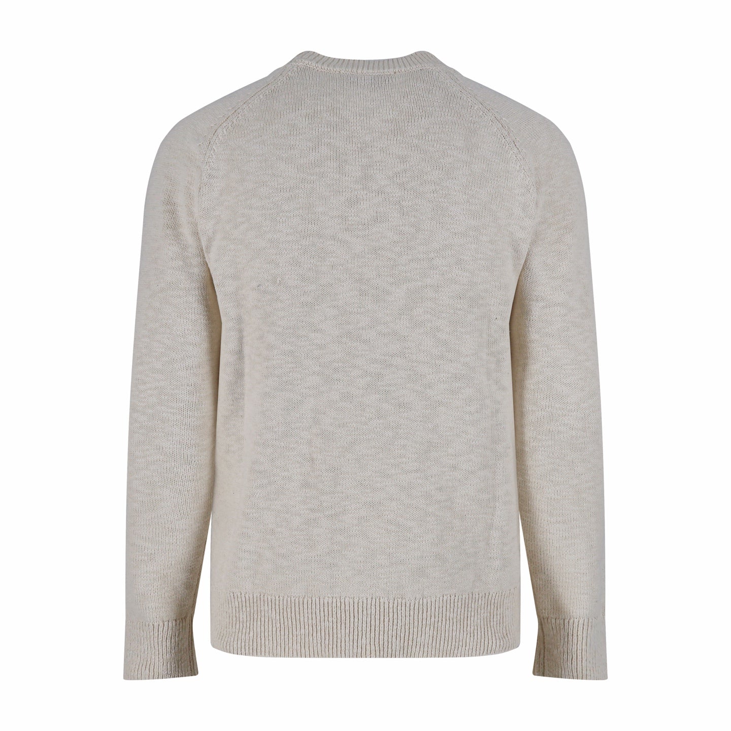 Back view of knit sweater in light beige, crew neck, long sleeves