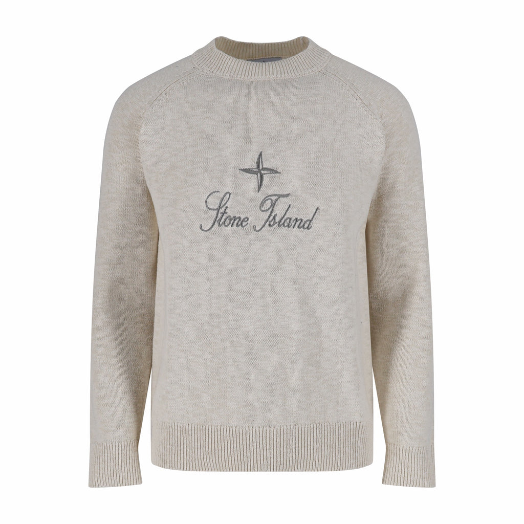 Stone Island knit sweater, light beige, crew neck, logo graphic on chest