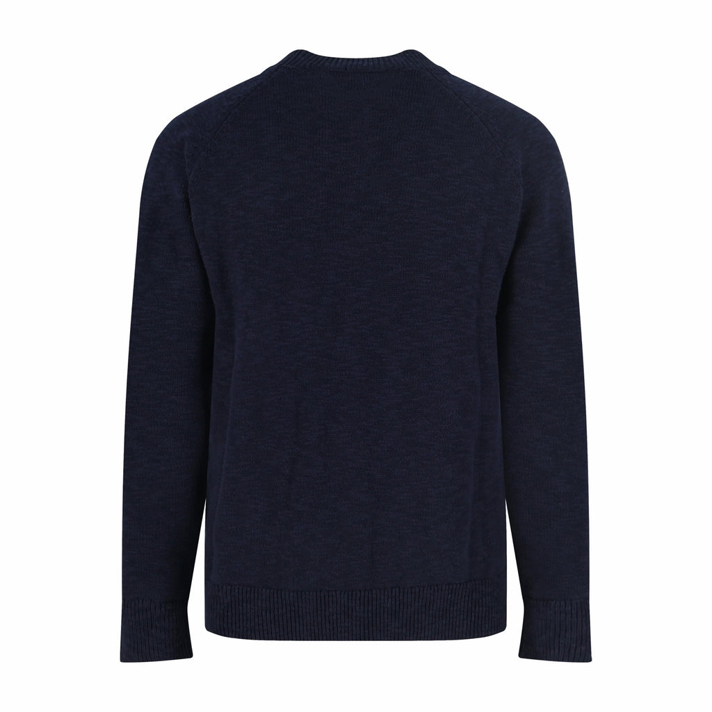 Dark navy knit sweater with ribbed hem and crew neckline, plain back