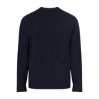 Dark navy knit sweater with ribbed hem and crew neckline, plain back