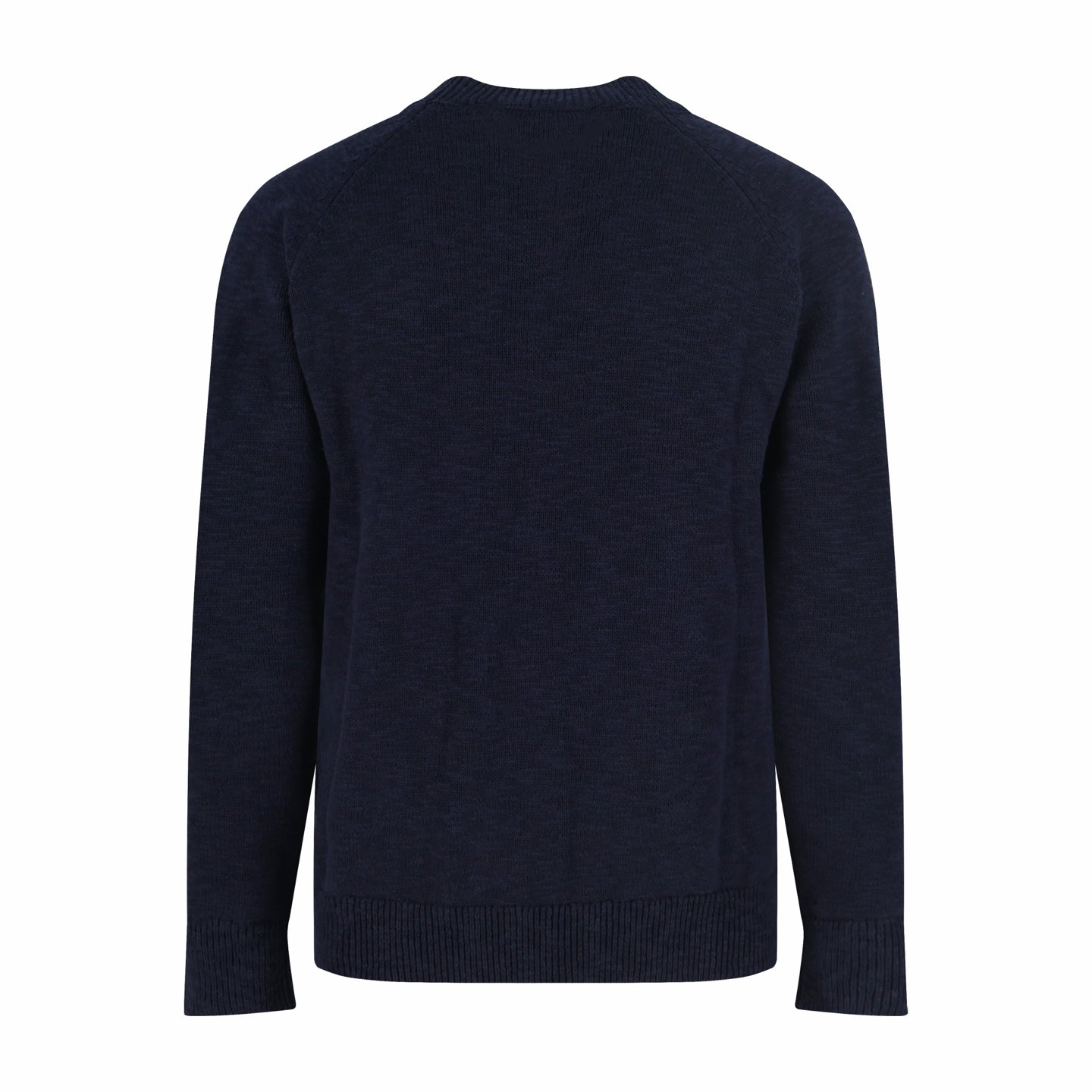 Dark navy knit sweater with ribbed hem and crew neckline, plain back