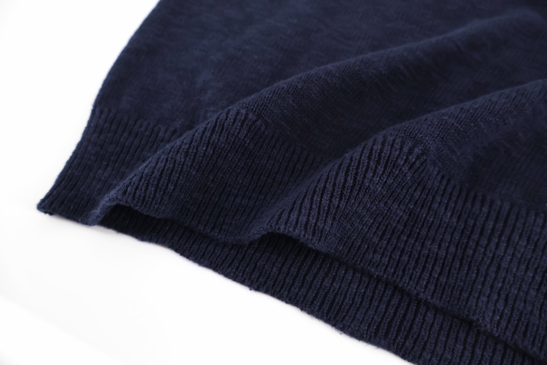 Dark navy ribbed hem and knit texture detail on sweater