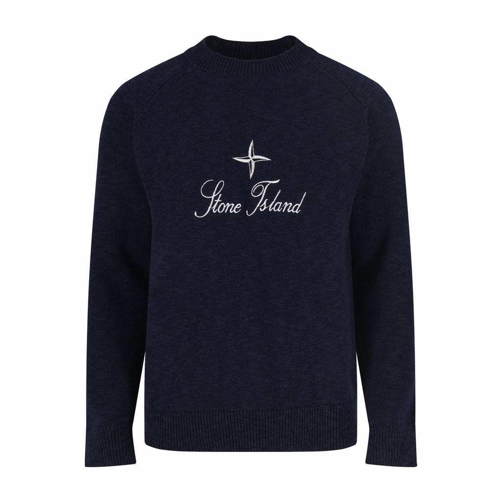 Dark navy knit sweater with Stone Island star and script logo on chest