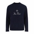Dark navy knit sweater with Stone Island star and script logo on chest