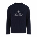 Dark navy knit sweater with Stone Island star and script logo on chest